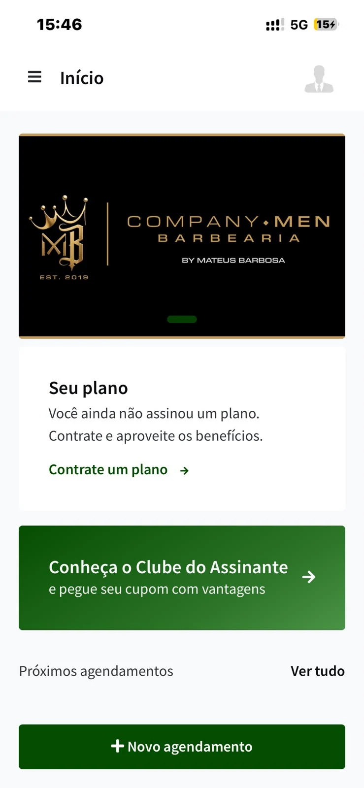 Tela inicial do aplicativo oficial Company Men, com plano, clube do assinante e agendamento
